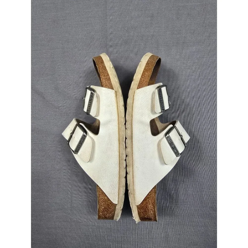 Birkenstock Size 39 Womens Arizona White Leather Sandals Big Buckle - Picture 7 of 8
